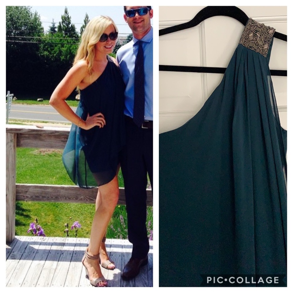 Calvin Klein Teal Silver Beaded 1 Shoulder Dress